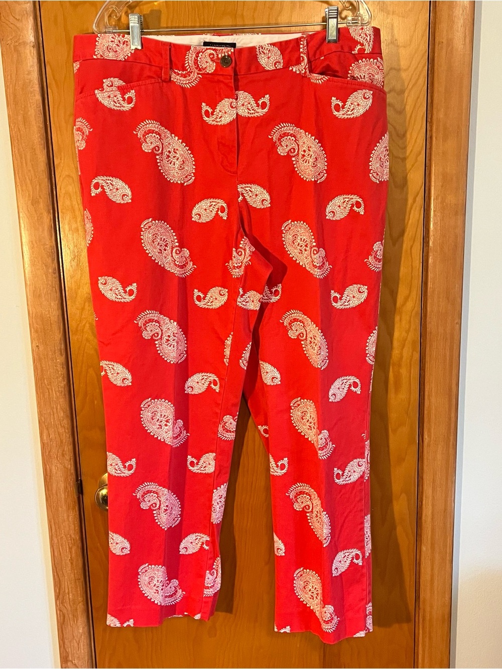 Lands' End Women’s Red Paisley Mid Rise Straight Leg Chino Crop Pants 16T